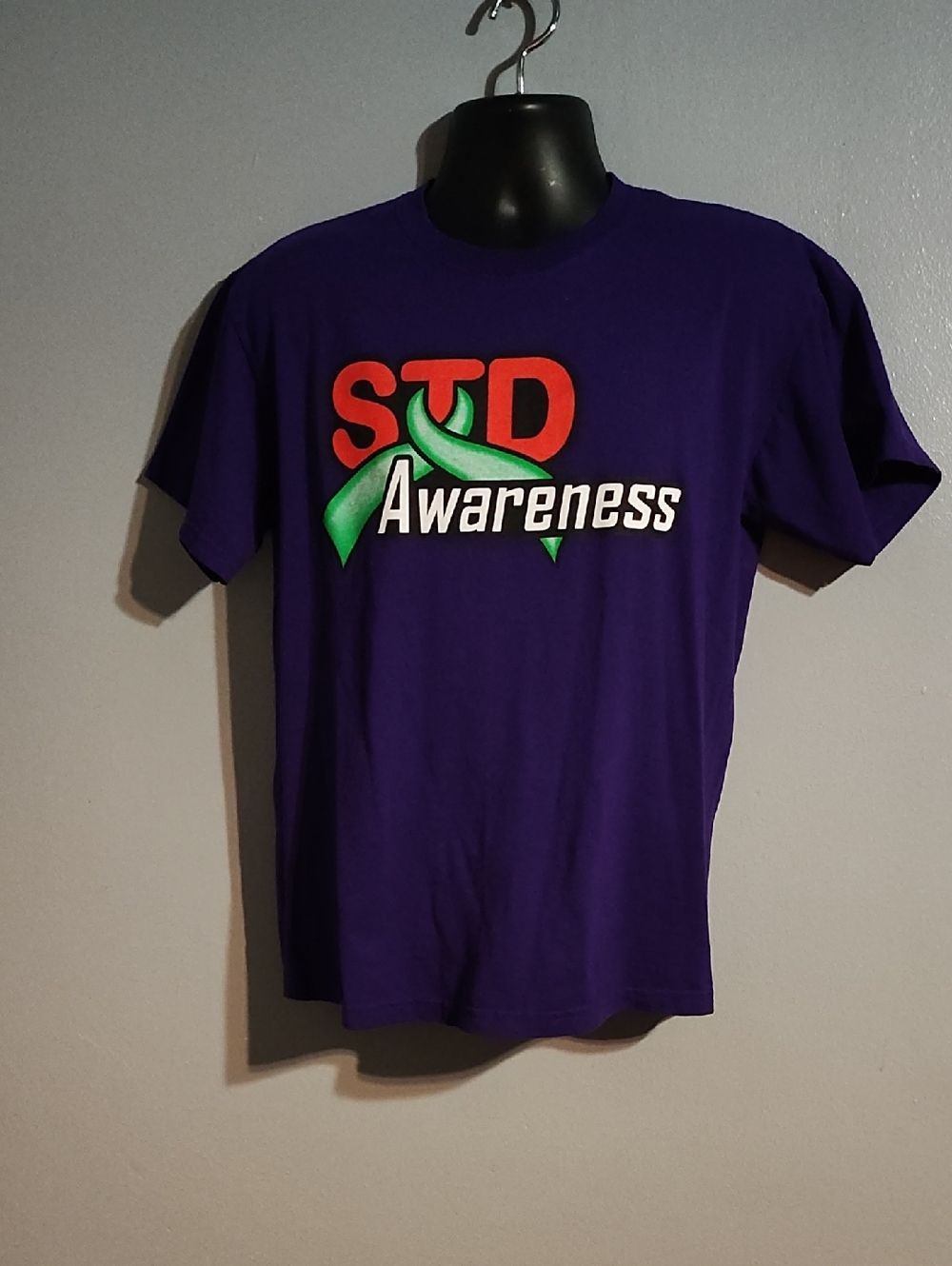 Gildan Purple Short Sleeve Tee with Red STD Graphic and Green Ribbon